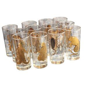 Vintage Mid-Century Libby Zodiac Highball Glasses 23kt Gold  Design Set Of 12 As
